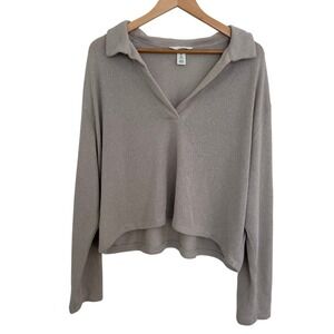 H&M Knit Collared V Neck Long Sleeve Sweater Women Size L Beige Minimalist